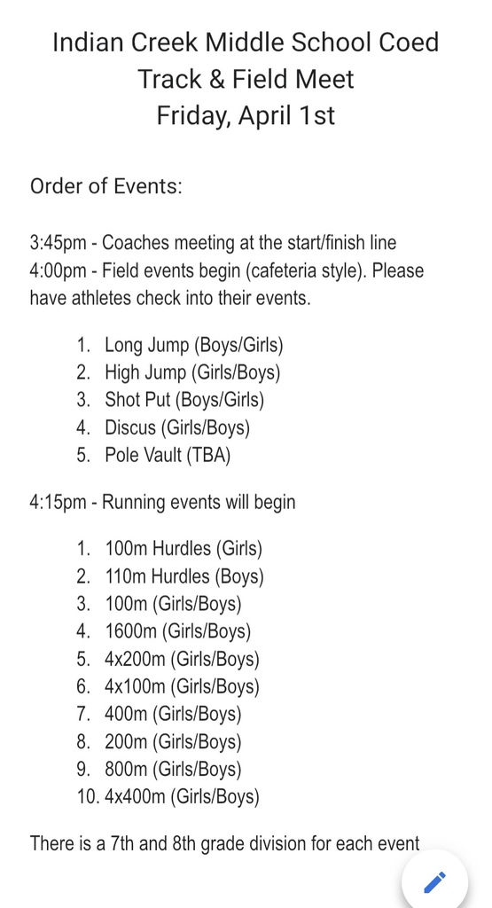 ICMS Coed Track & Field Meet, Order of Events
